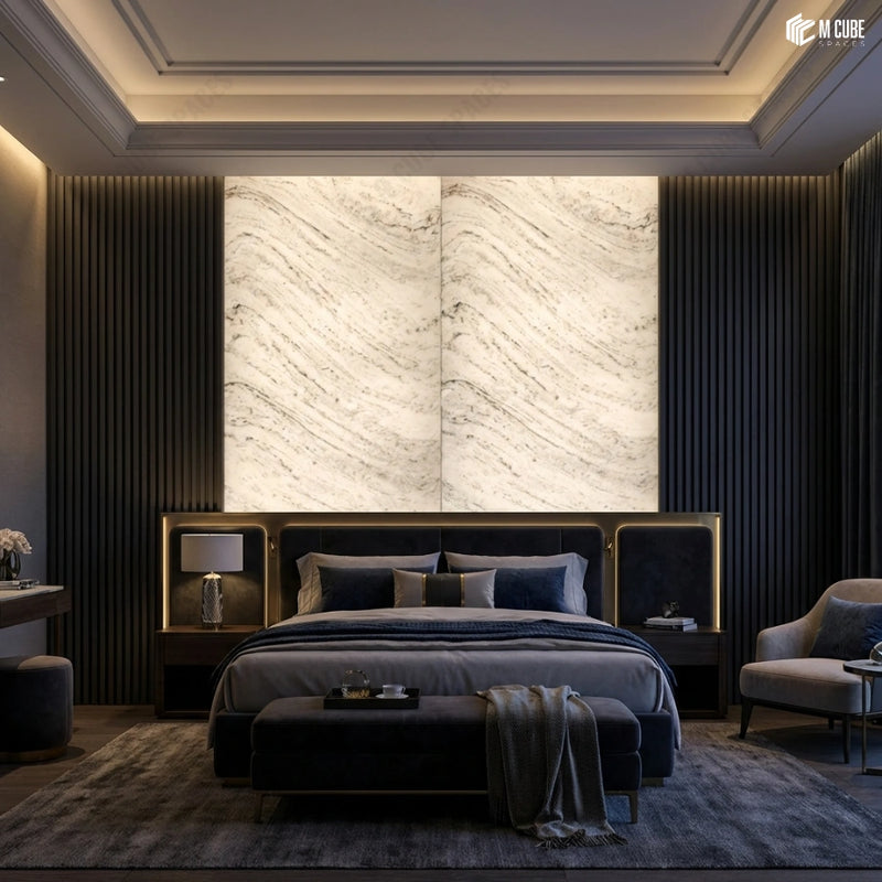 Veined Alabaster Panel Headboard Wall with Integrated Warm Lighting