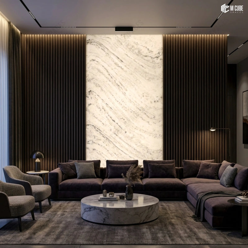 Backlit Alabaster Panel Statement Wall in Contemporary Living Room