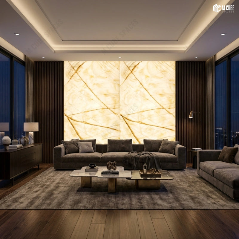 Warm Backlit Alabaster Feature Wall in Contemporary Living Room