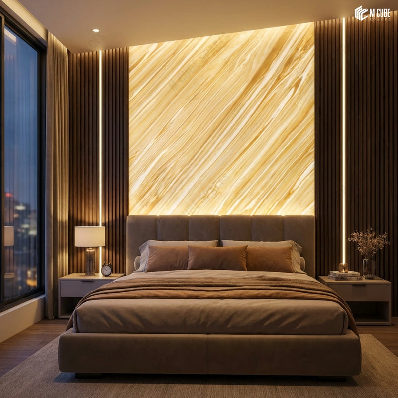 Illuminated Alabaster Panel Headboard Wall in Modern Master Bedroom