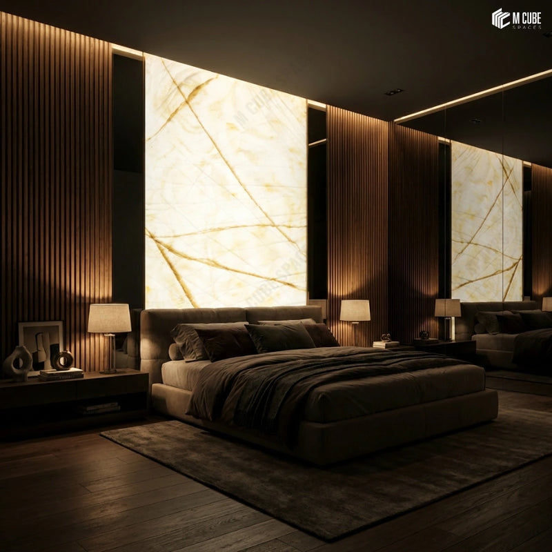 Warm Alabaster Panel Accent Wall in Contemporary Bedroom