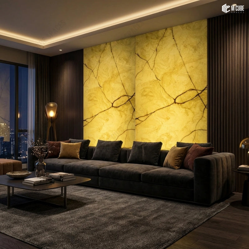 Veined Alabaster Panel Feature Wall in Modern Living Area