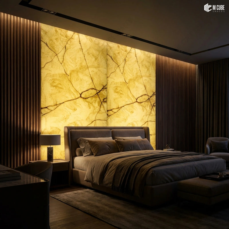 Dual Alabaster Panel Headboard Wall in Luxury Master Bedroom