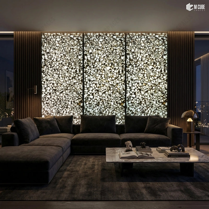 Moody Luxury Living Room with Backlit Alabaster Feature Wall