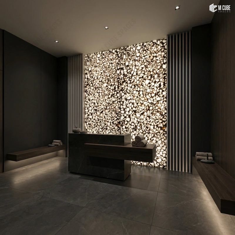 Translucent Alabaster Panel Feature Wall in Spa-Inspired Bathroom