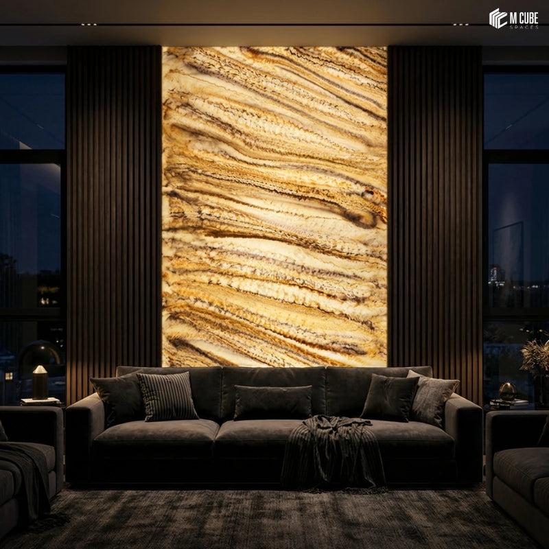 Colourful Alabaster Panel Feature Wall in Contemporary Living Room