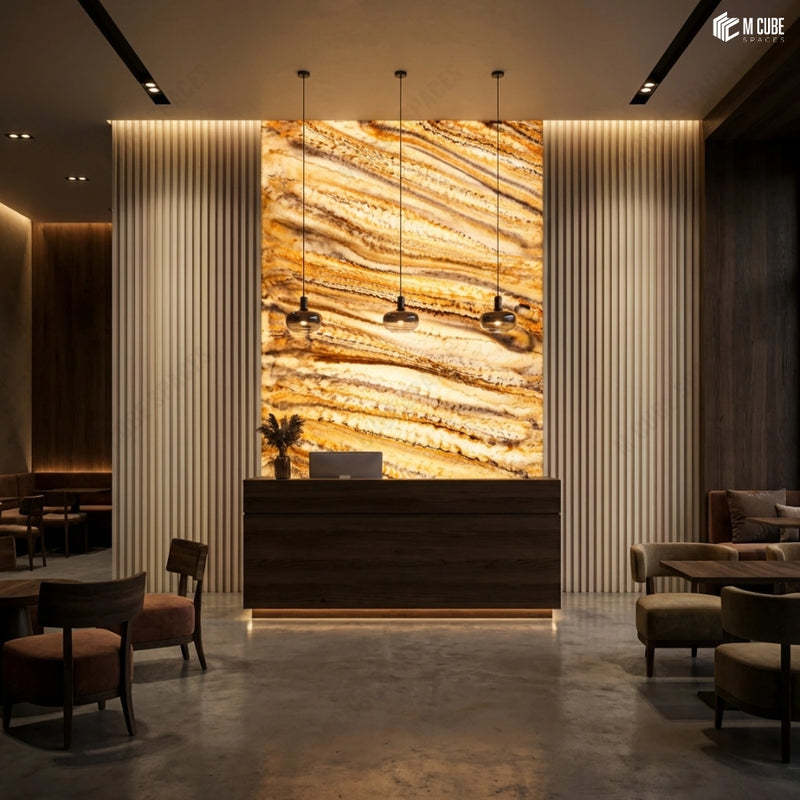 Backlit Colourful Alabaster Panel Reception Wall in Premium Cafe