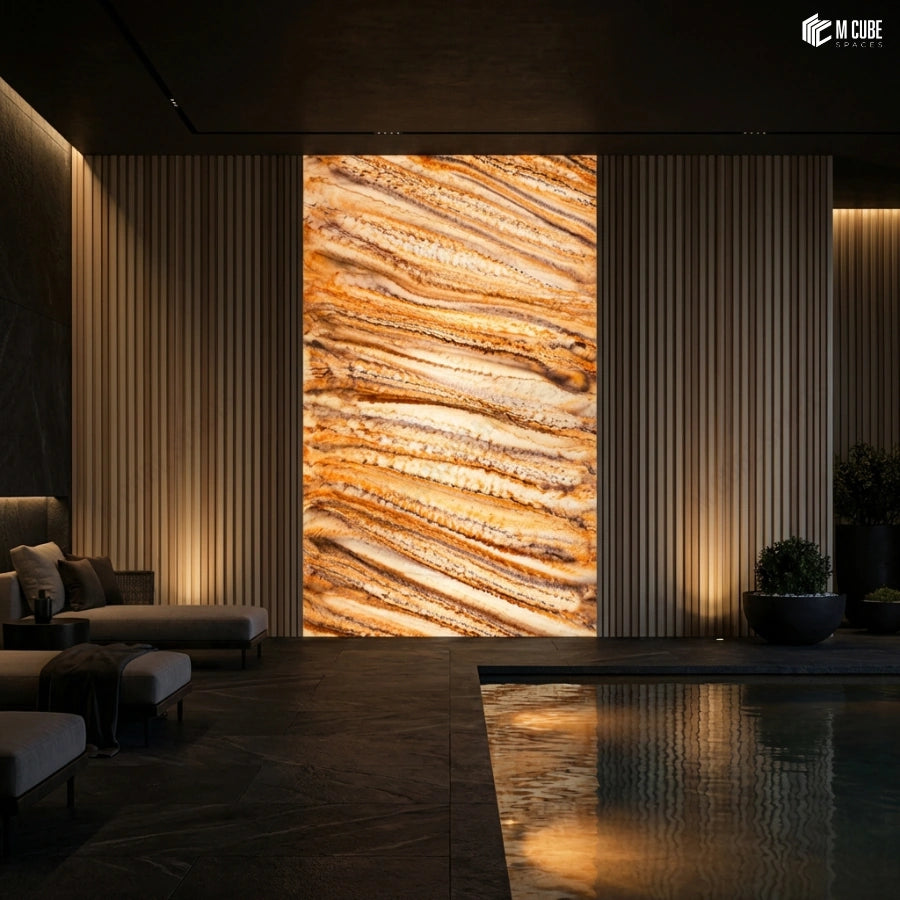 Floor-to-Ceiling Alabaster Panel Accent Wall in Luxury Indoor Lounge ...