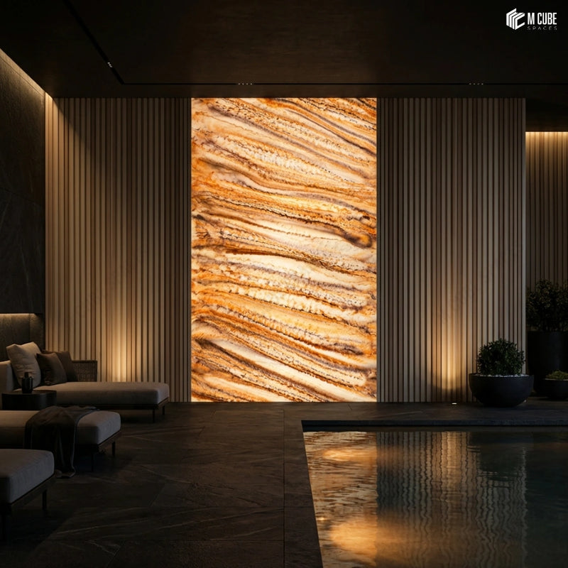 Floor-to-Ceiling Alabaster Panel Accent Wall in Luxury Indoor Lounge