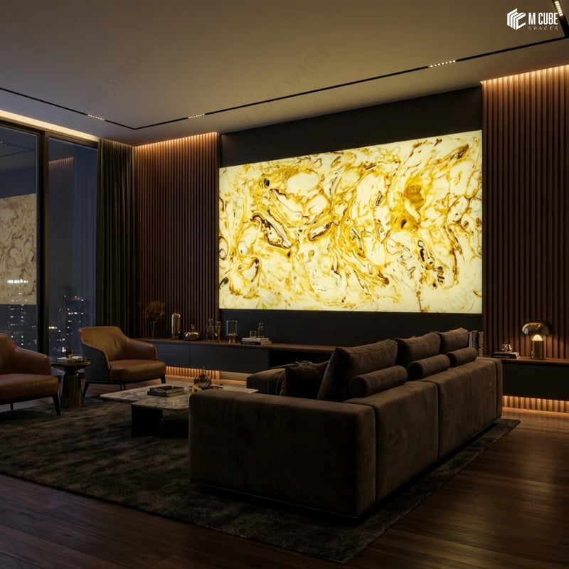 Extended Alabaster Panel Feature Wall in Luxury Living Lounge