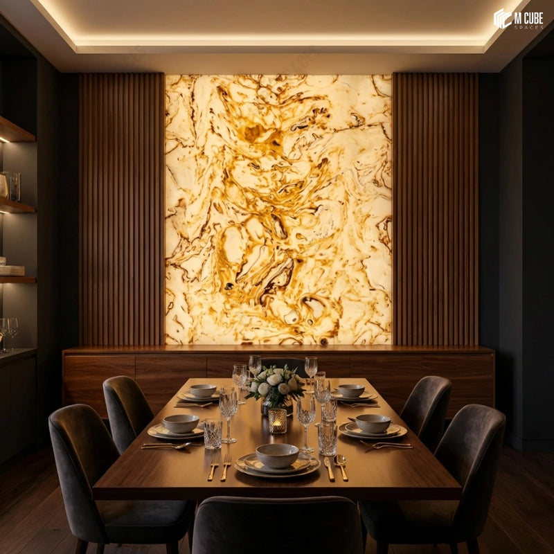 Backlit Alabaster Panel Accent Wall in Elegant Dining Space