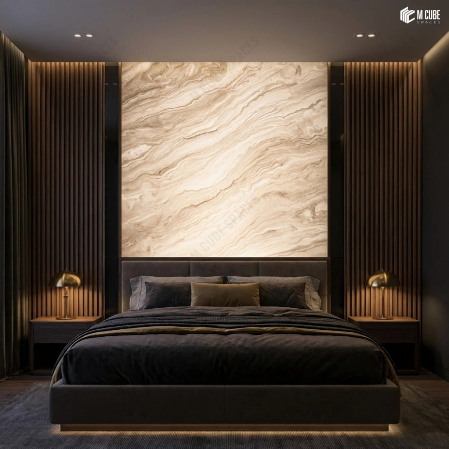 Alabaster panel feature wall framed with wooden louvers in bedroom - Bedroom interior inspiration