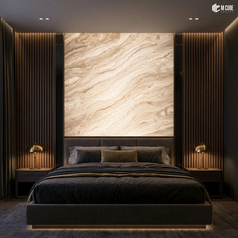 Alabaster Panel Feature Wall Framed with Wooden Louvers in Bedroom
