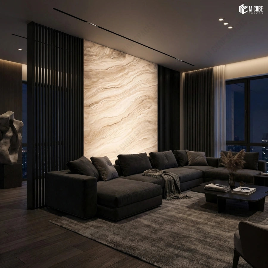 Backlit alabaster feature wall in contemporary living room - Living interior inspiration
