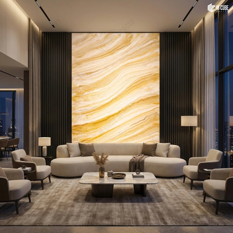 Grand Alabaster Accent Wall in a Soft Contemporary Living Space