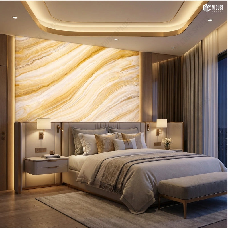 Backlit Alabaster Headboard Wall in Elegant Master Bedroom