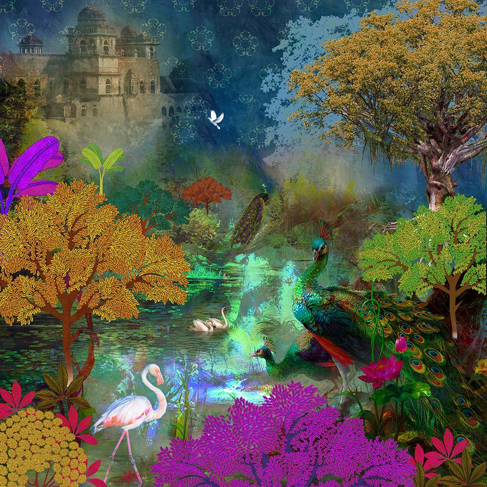 Nocturnal Palace Oasis Landscape wallpaper for living room & hospitality interiors | MWA-LWZ-206