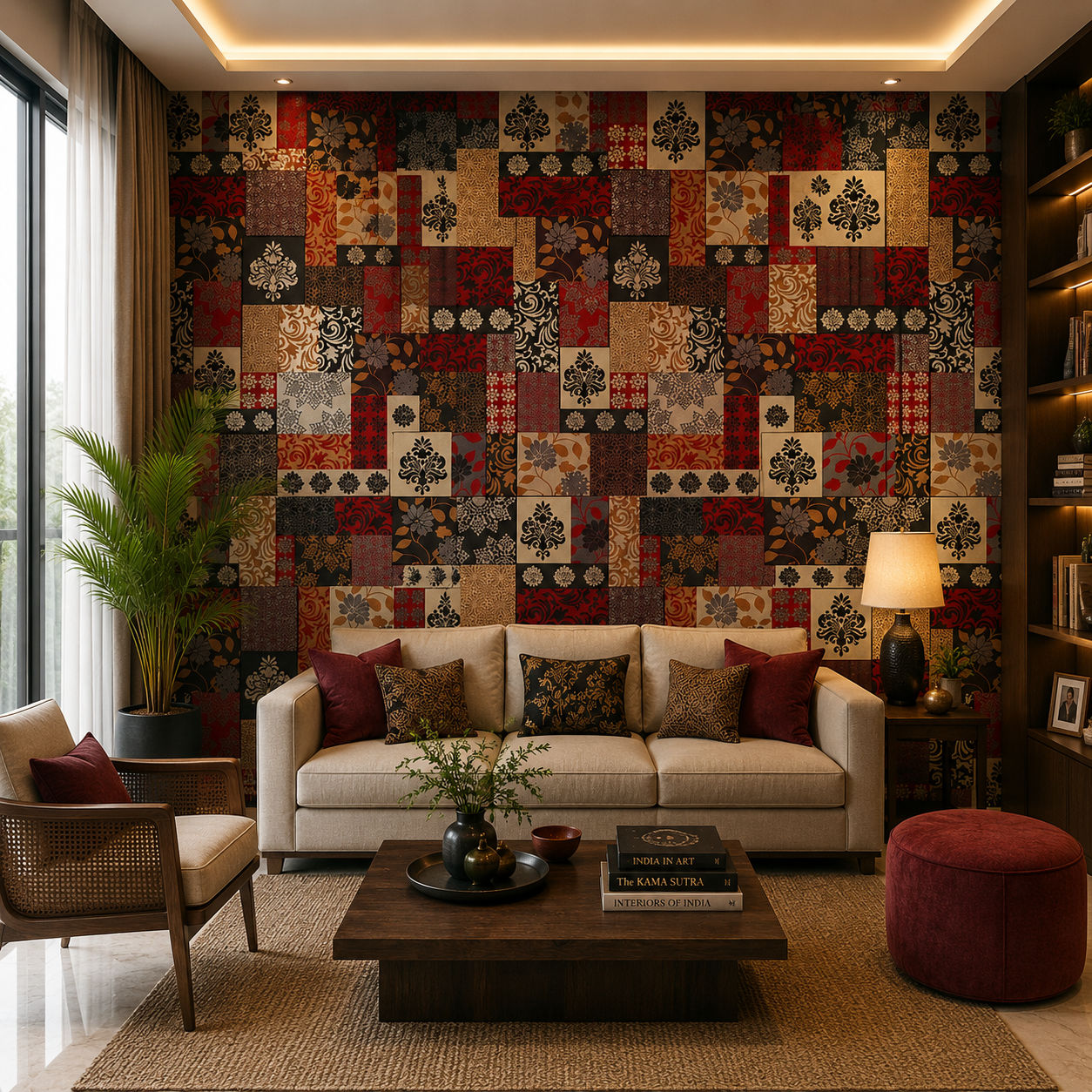 Crimson Damask Patchwork Botanical wallpaper design view 2 | MWA-LWZ-204