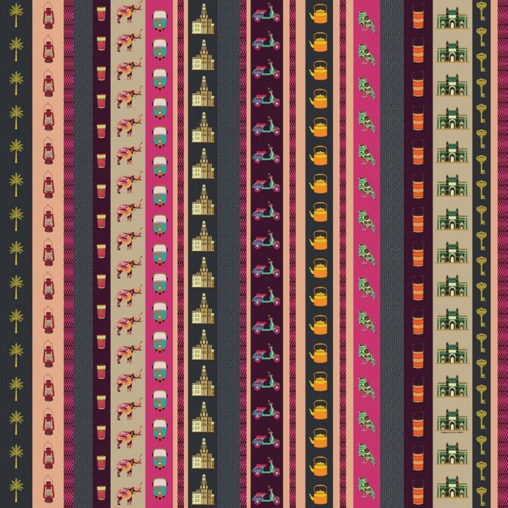 Magenta Kitsch Stripes Cultural Heritage wallpaper for hotel lobby & lounge interiors | MWA-LWZ-199