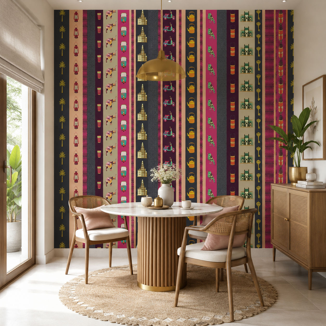 Magenta Kitsch Stripes Cultural Heritage wallpaper design view 2 | MWA-LWZ-199