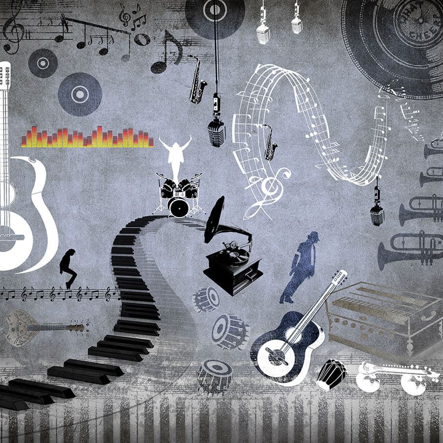Monochrome Musical Melange Music wallpaper for creative studio & entertainment room interiors | MWA-LWZ-195