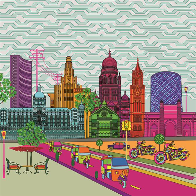 Mumbai Pop Skyline Architecture wallpaper for hotel lobby & lounge interiors | MWA-LWZ-194