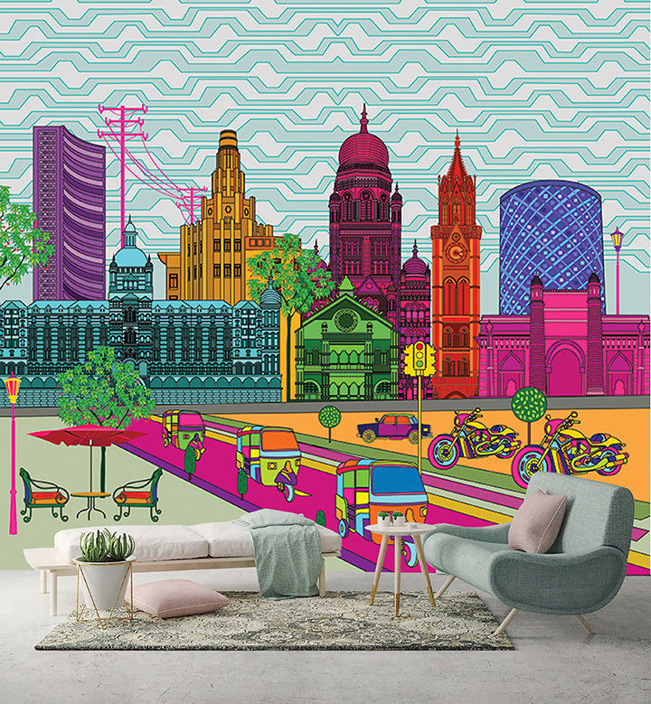 Mumbai Pop Skyline Architecture wallpaper design view 2 | MWA-LWZ-194