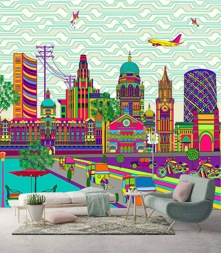 Urban Mumbai Dream Architecture wallpaper for living room & foyer interiors | MWA-LWZ-193