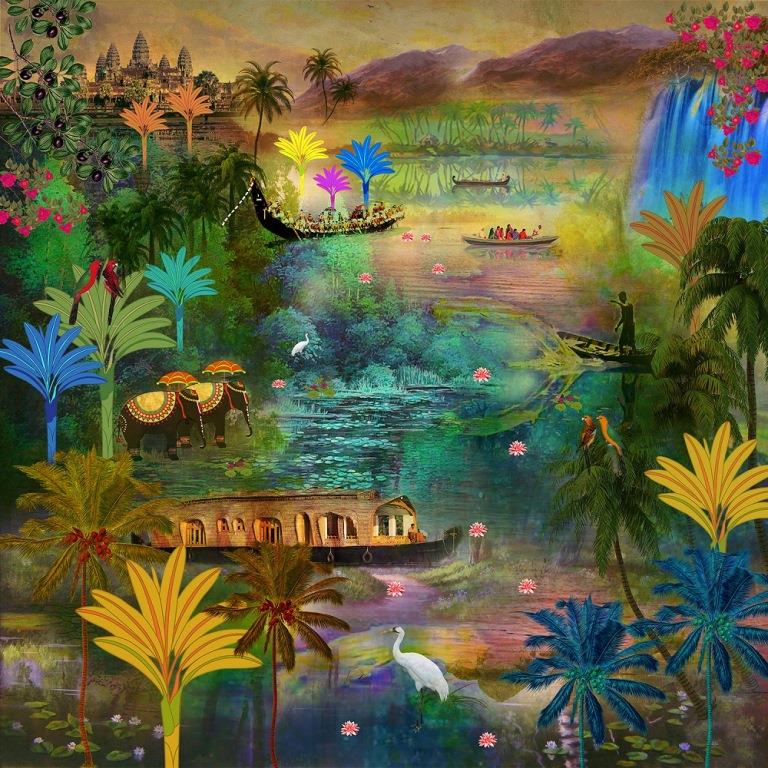 Tropical Backwaters Landscape wallpaper for living room & resort interiors | MWA-LWZ-192