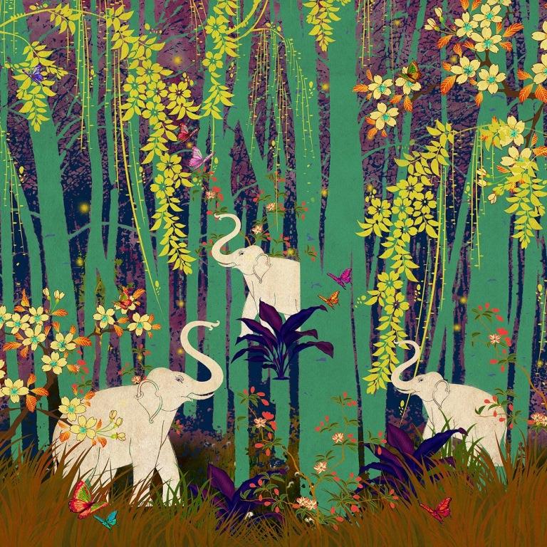 Emerald Elephant Grove Botanical wallpaper for living room & bedroom interiors | MWA-LWZ-189