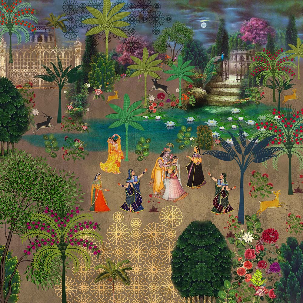Moonlight Raslila Spiritual wallpaper for meditation & prayer room interiors | MWA-LWZ-188