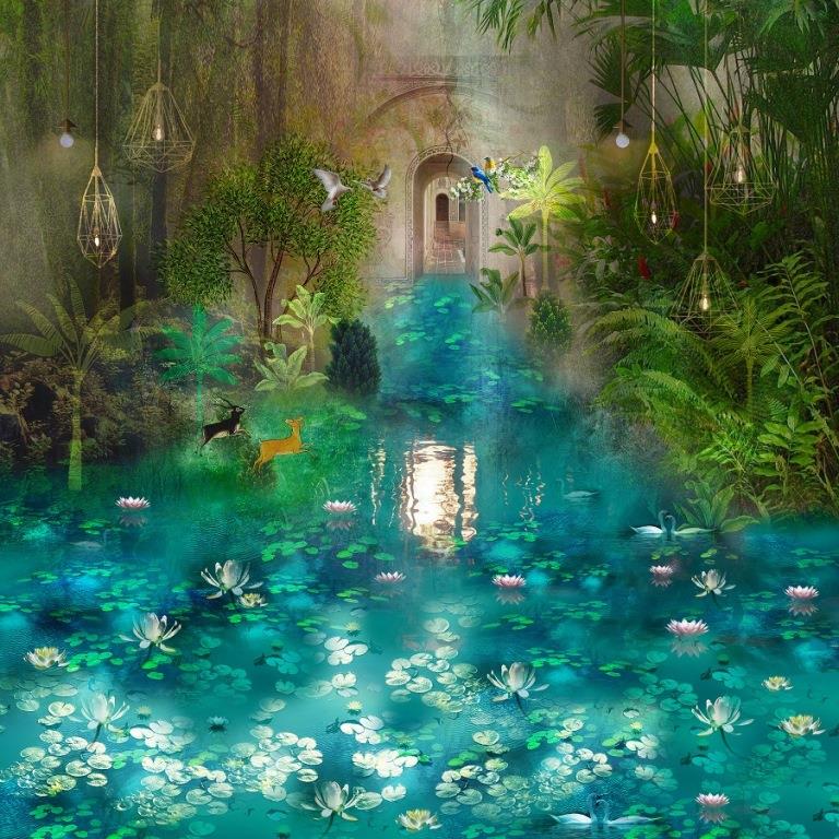 Enchanted Lotus Pond Landscape wallpaper for living room & hospitality interiors | MWA-LWZ-186