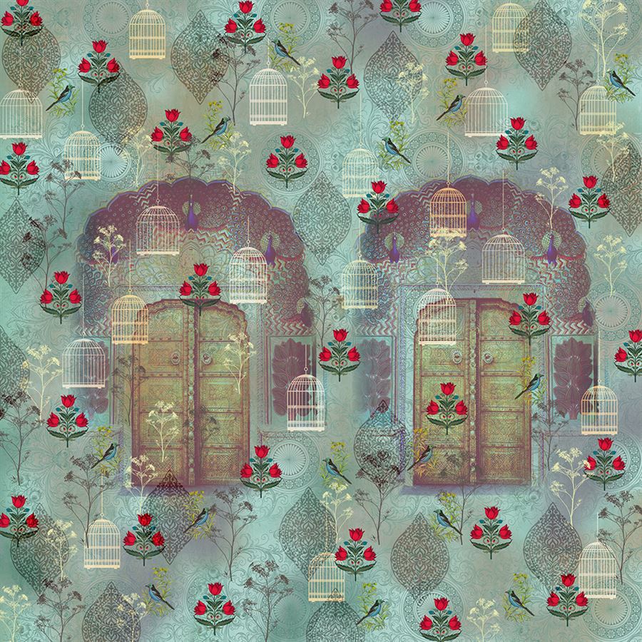 Teal Heritage Pattern Architecture wallpaper for living room & foyer interiors | MWA-LWZ-181
