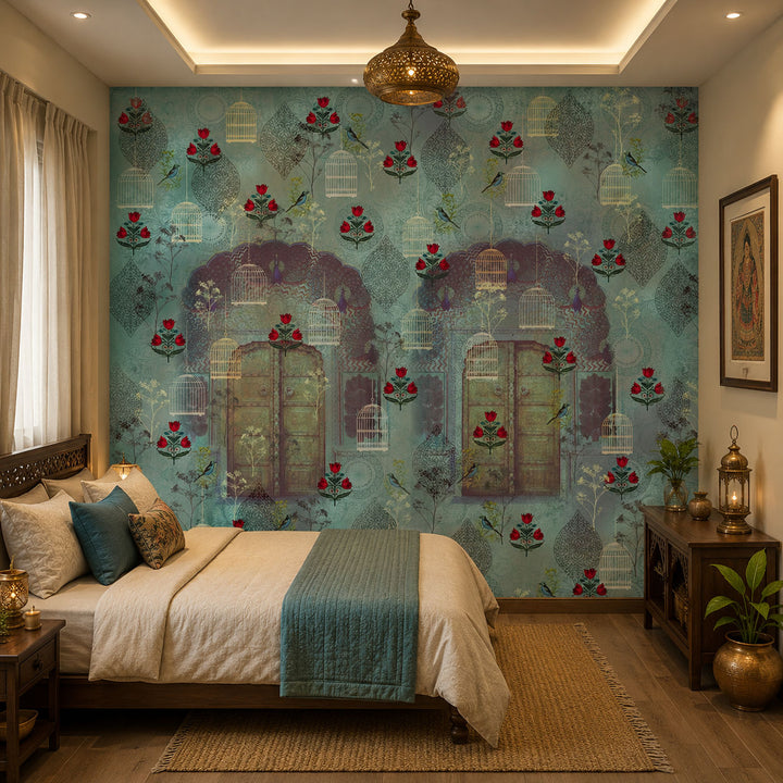 Teal Heritage Pattern Architecture wallpaper design view 2 | MWA-LWZ-181