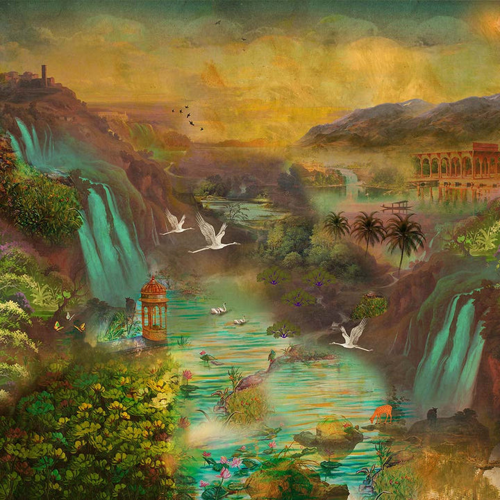 Enchanted Tropical Valley Landscape wallpaper for living room & resort interiors | MWA-LWZ-177