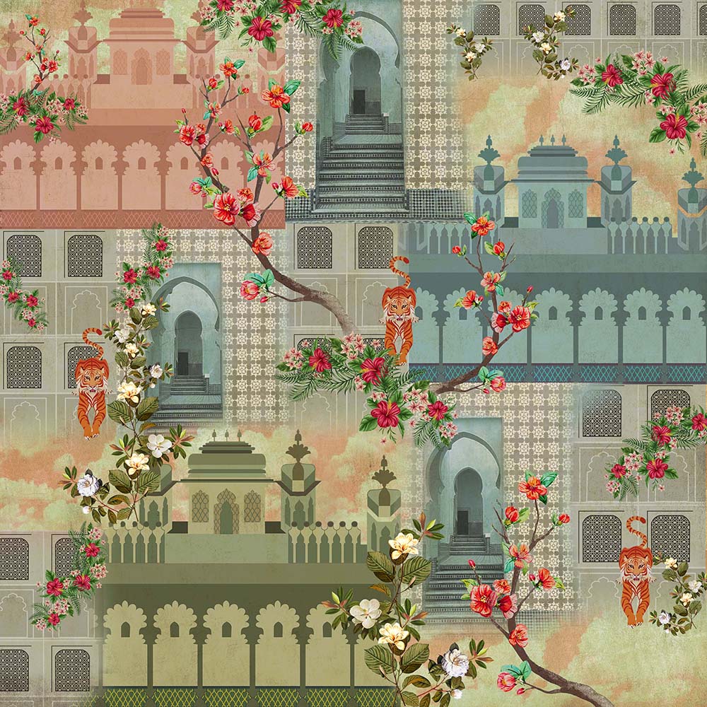 Sage Tiger Mural Architecture wallpaper for hotel lobby & lounge interiors | MWA-LWZ-168