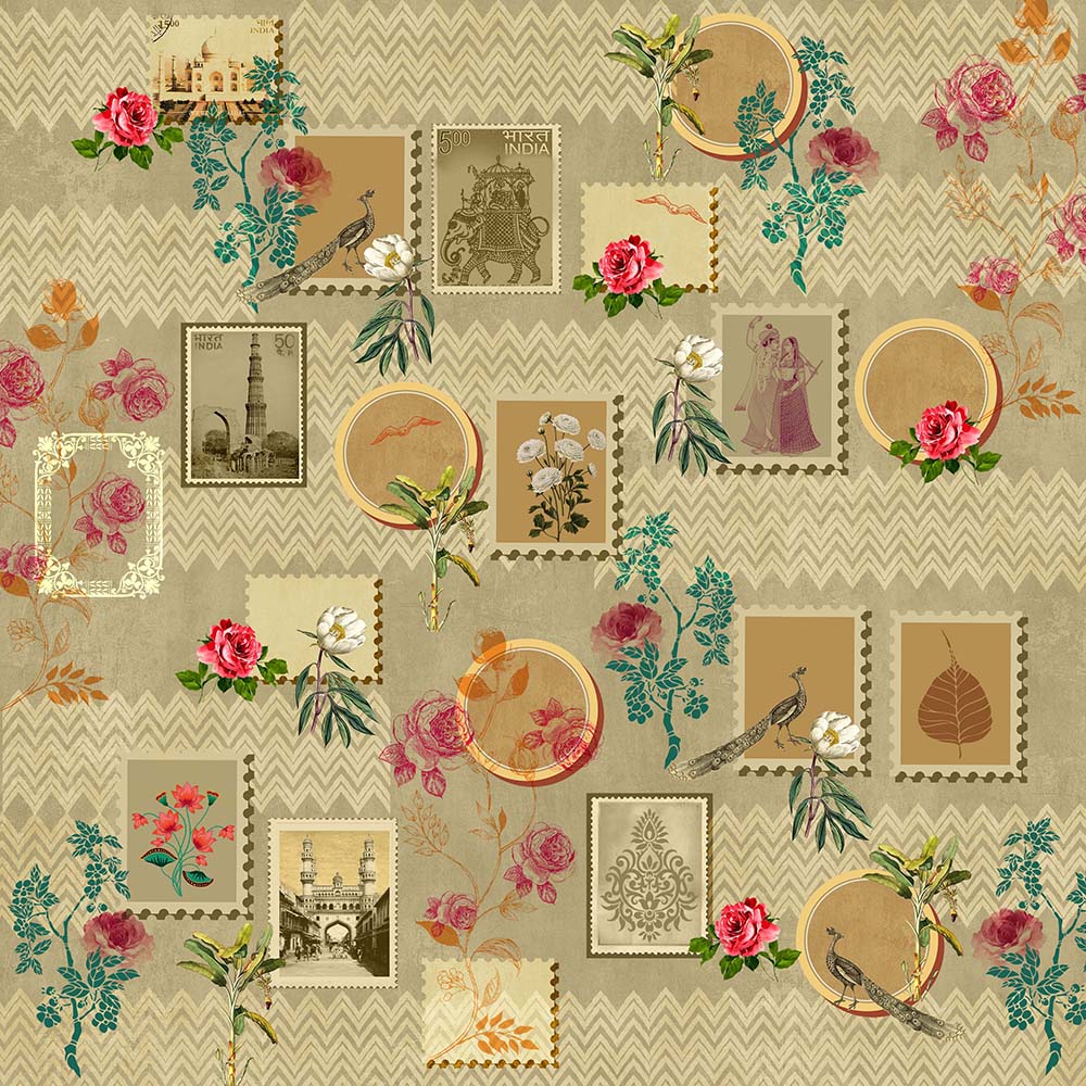 Warm Vintage Philately Cultural Heritage wallpaper for hotel lobby & lounge interiors | MWA-LWZ-165