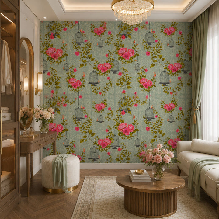 Chinoiserie Cages (Pink) Botanical wallpaper design view 2 | MWA-LWZ-162