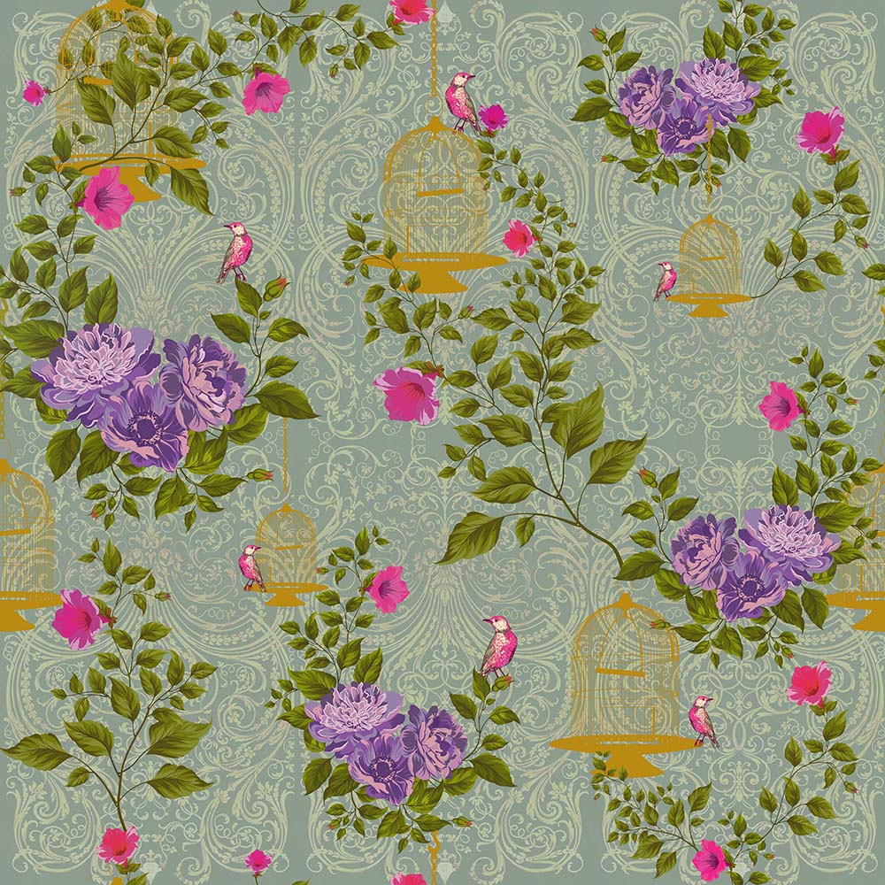 Chinoiserie Cages (Purple) Botanical wallpaper for dining room & bedroom interiors | MWA-LWZ-161