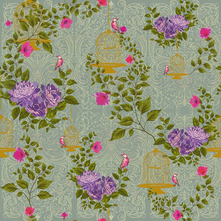 Chinoiserie Cages (Purple) Botanical wallpaper for dining room & bedroom interiors | MWA-LWZ-161