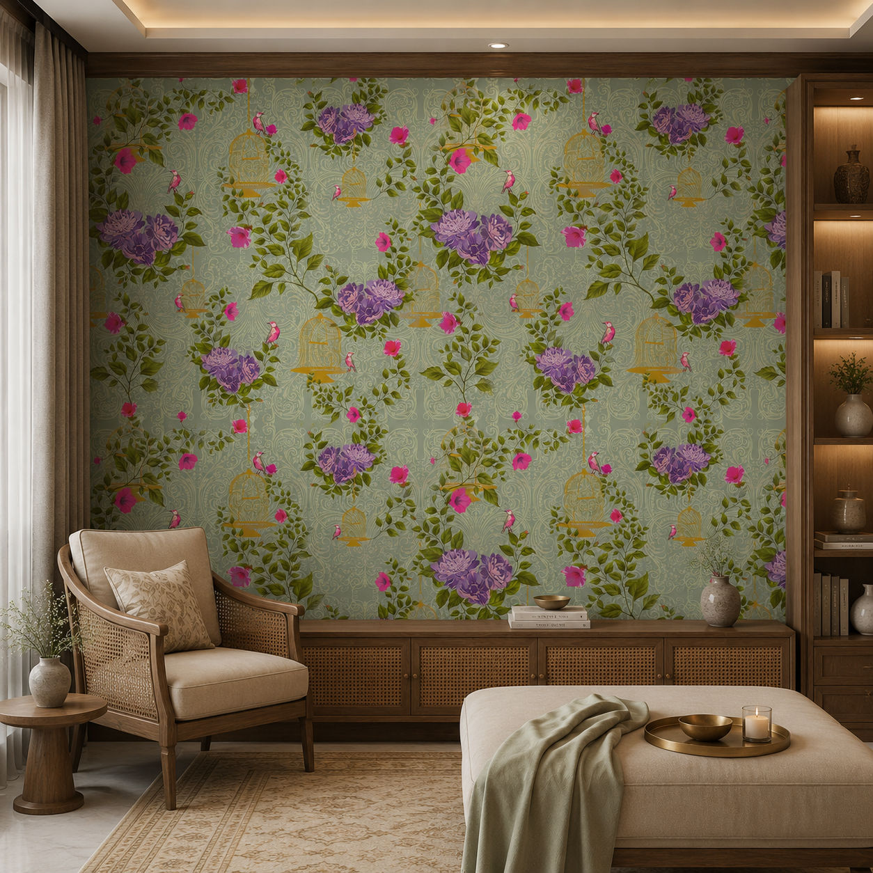Chinoiserie Cages (Purple) Botanical wallpaper design view 2 | MWA-LWZ-161