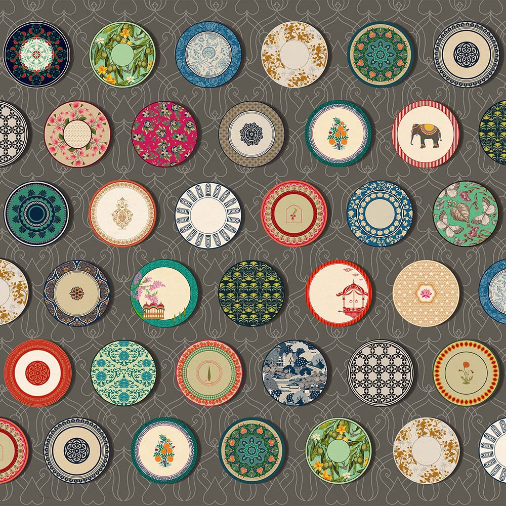 Curated Plates (Slate) Decorative Objects wallpaper for dining room & café interiors | MWA-LWZ-158