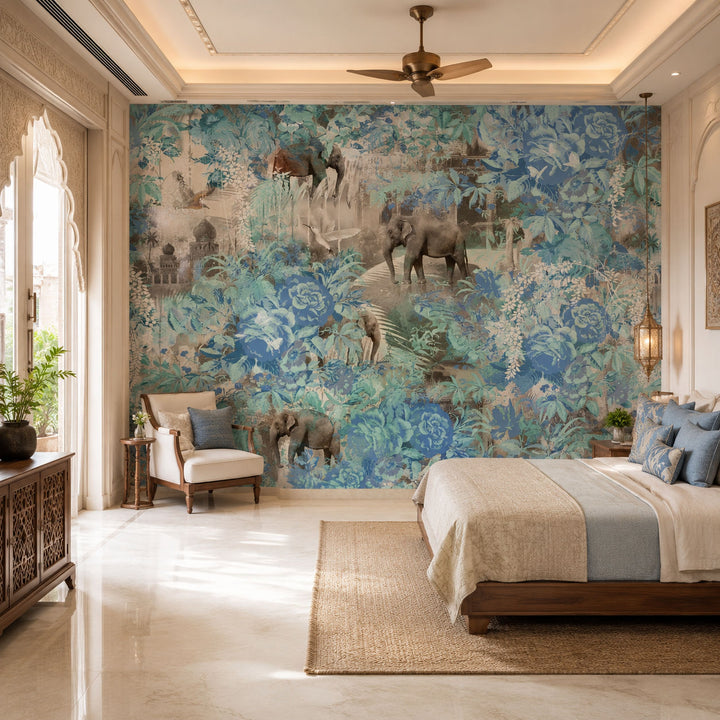 Cerulean Elephant Safari Wildlife wallpaper design view 2 | MWA-LWZ-153