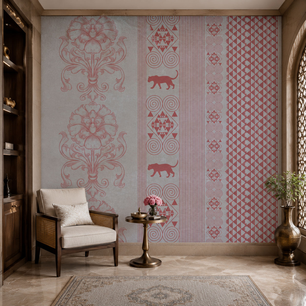 Roseate Tribal Panel Botanical wallpaper design view 2 | MWA-LWZ-150