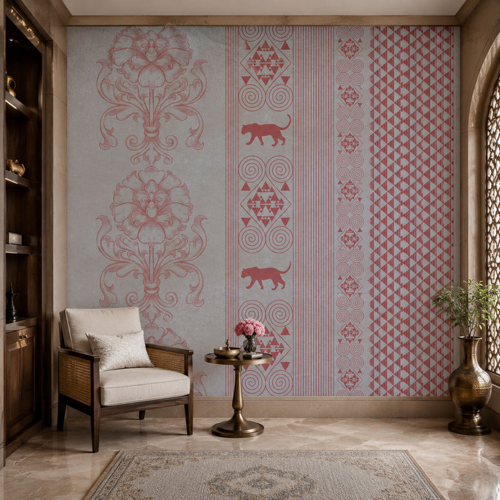 Roseate Tribal Panel Botanical wallpaper design view 2 | MWA-LWZ-150