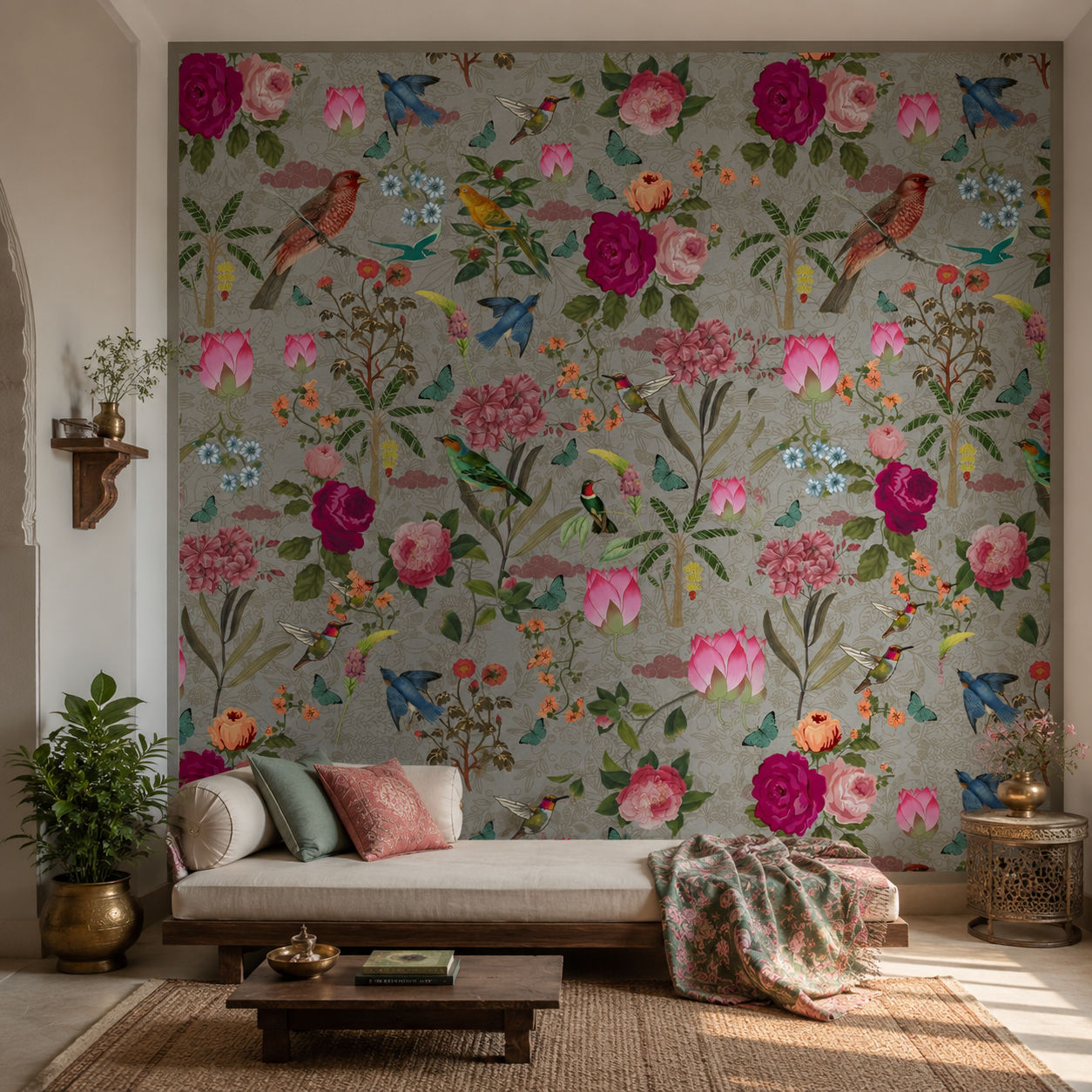 Vintage Aviary (Grey) Wildlife wallpaper design view 2 | MWA-LWZ-148