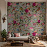 Vintage Aviary (Grey) Wildlife wallpaper design view 2 | MWA-LWZ-148