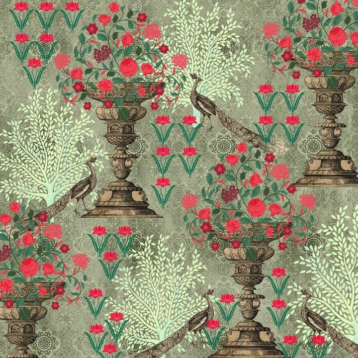 Peacock Garden (Sage) Wildlife wallpaper for living room & bedroom interiors | MWA-LWZ-146