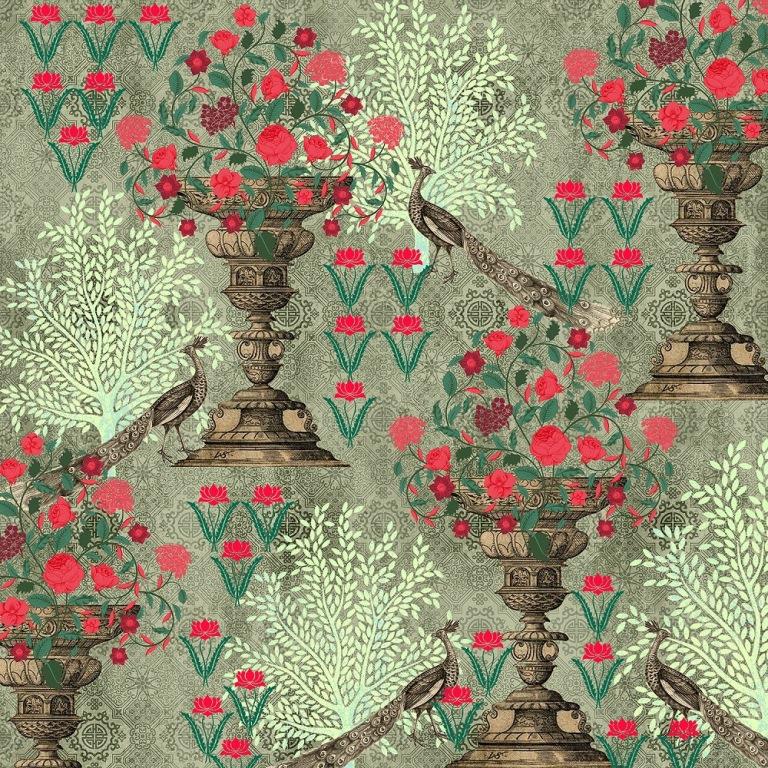 Peacock Garden (Sage) Wildlife wallpaper for living room & bedroom interiors | MWA-LWZ-146