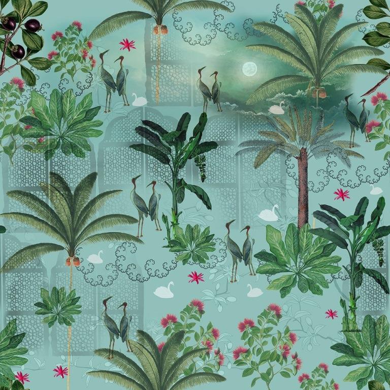 Midnight Heron Lagoon Wildlife wallpaper for living room & resort interiors | MWA-LWZ-145
